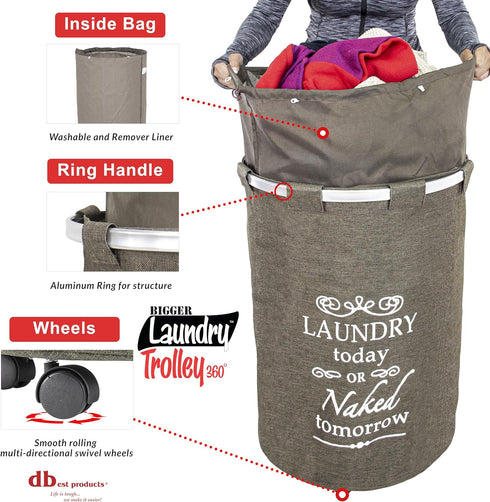 360 4 dbest products Bigger Laundry Trolley Rolling Hamper Basket on wheels Bag Cart Large Capacity with Removable