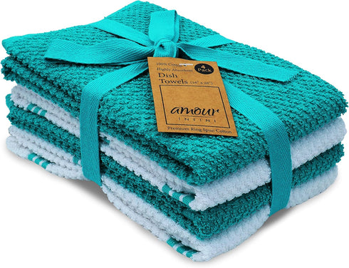 AMOUR INFINI Kitchen Towels - Pack of 4 Absorbent, Quick Drying Premium Cotton Tea Towels, 16x28 Inch, Turquoise