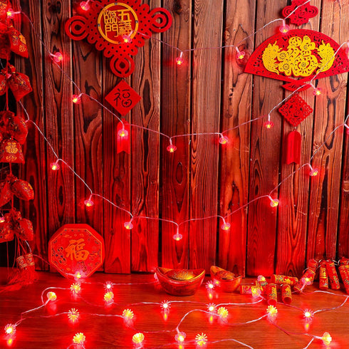 33ft/10m 80 Mudder LED Red Hanging Lanterns String Lights Chinese New Year Battery Operated Fairy String Hanging