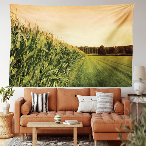 Lunarable Country Tapestry, Cornfield Farmland Near Forest Foliage Rural Harvest Season Landscape Scenics, Fabric Wall Hanging Decor for Bedroom Living Room Dorm, 45" X 30", Peach Lime Green