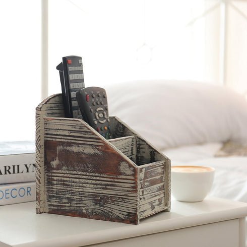 MyGift Rustic Torched Wood Remote Control Holder for Table, 3 Compartments, Living Room Organizer