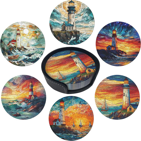Lighthouse Coasters Leather Round Drink Coasters 6 Pcs Set with Holderor for