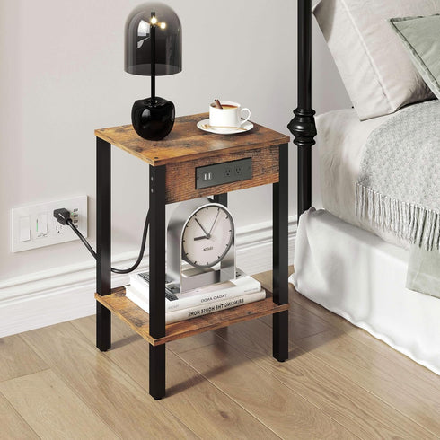 MMEOLUOOK 2-Tier MLBZ14RE End Table with Charging Station, Nightstand with Storage Shelf,Modern Side Table,Bedside