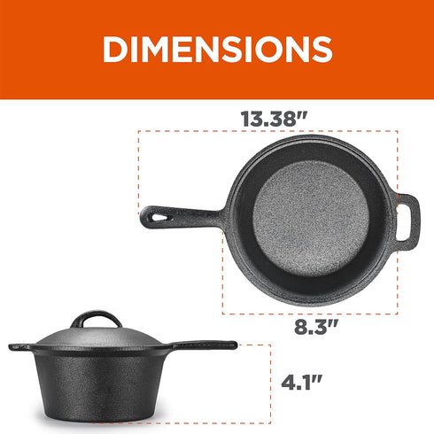 COMMERCIAL CHEF 2 Quart Cast Iron Saucepan, Dutch Oven with Lid and Looped Handle for Indoor & Outdoor Cooking