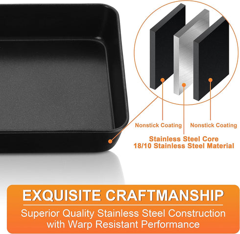 Herogo 8 x 8 Baking Pan Set of 2, Non-Stick Square Cake Pan for Oven, Stainless Steel Black Casseroles