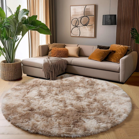 5Ft Amdrebio Tie-Dyed Beige Tan Round Circle Area Rug for Bedroom, Fluffy Plush Shag Furry Rugs for Kids Room, Living