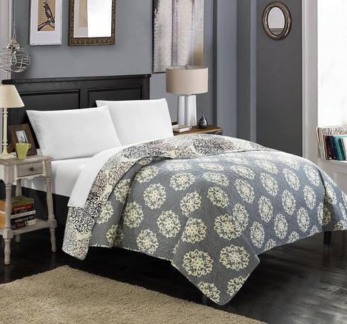 Chic Home Judith Boho Inspired Reversible Print Quilt Set, 1 Piece, Queen, Beige.