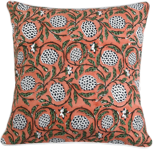 Ridhi Dark Salmon Pink Block Print Cotton Canvas Throw Pillow Covers for Decorative Couch Pillows, 18x18 Inches