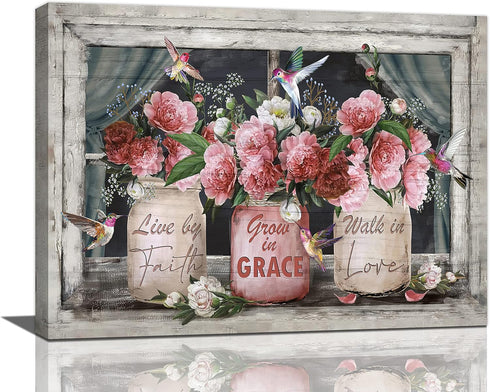 Farmhouse Canvas Wall Art Rustic Pink Rose Wall Decor, Flower Mason Jar Hummingbird Painting Prints for Country Home