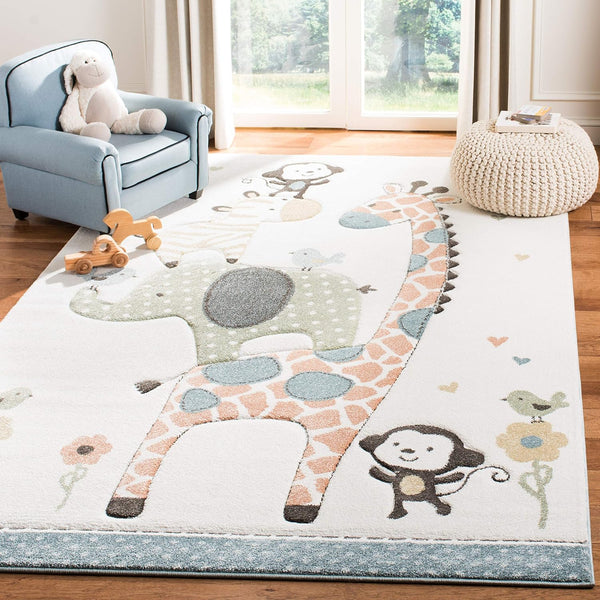 SAFAVIEH Carousel Kids Collection Area Rug - 4' Square, Ivory, Animal Design,