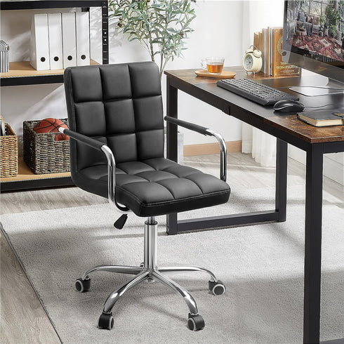 Kemon Ergonomic Mid Back Desk Chair with Armrests - Adjustable Height, Black PU Leather