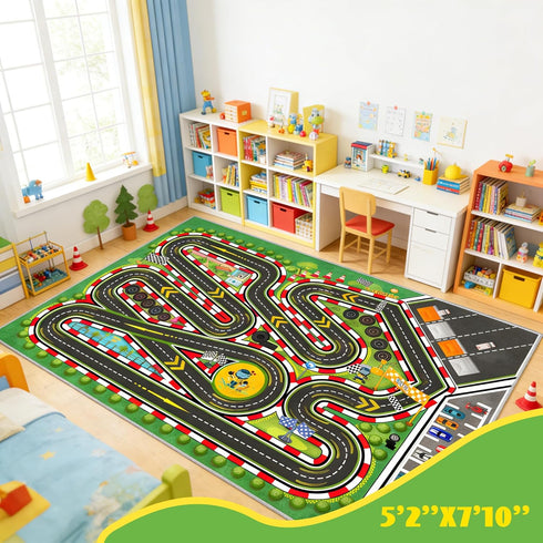 47''x71'' Kids Racing Rug Car Road Kid Rug Carpet Playmat for Playoom Traffic Road Kid Play Mat for BedroomKids