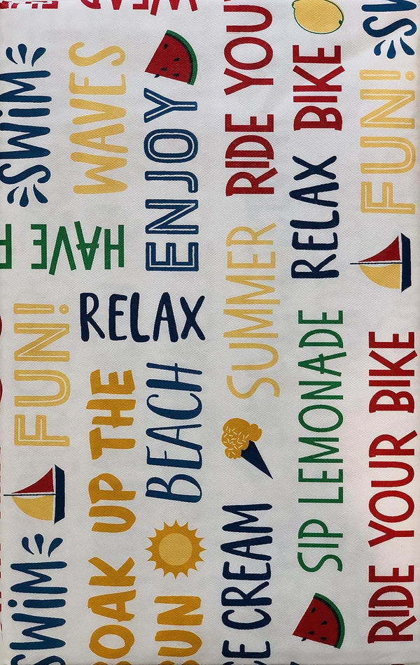 Generic Fun Summer Sayings & Symbols on White Vinyl Tablecloth, 60inch Round in White, Blue, Red, Yellow, Green
