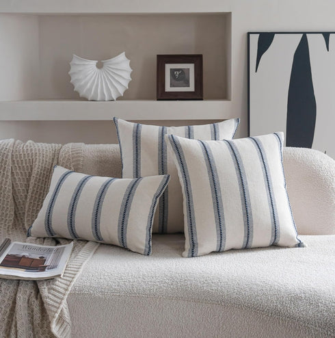 22x22 Set 2, Cethom Boho Throw Pillow Covers of Navy Blue Striped Decorative Pillow Cases for Couch Chair Bed, Textured