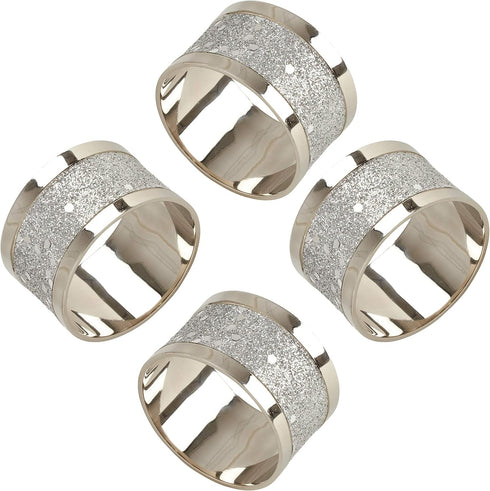SARO LIFESTYLE 4-Piece Sparkling Design Napkin Ring Set, Silver