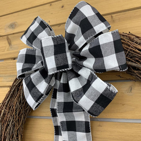 Buffalo Plaid Christmas Wreath Bow - Pre-Tied 10" Wide, 18" Long, Black and White Checkers, Fall Door Decoration