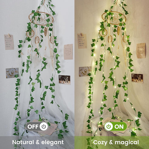23FT 73 Ivy Vine String Lights, LED Lighted Garland with Green Leaves, USB & Battery Powered, Room Wall, Dorm, Bedroom