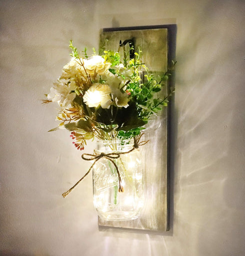 OCTMUSTARD Decorations,Set Rustic Wall Decor Mason Jar Sconces Decor with Led Lights for Home Kitchen Farmhouse
