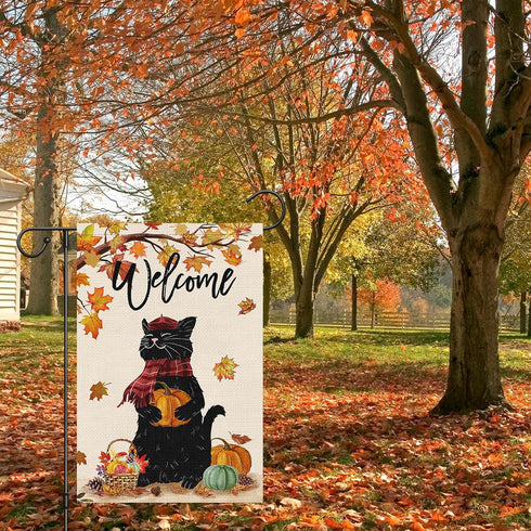 Welcome Fall Garden Flag 12 x 18 Inch Double Sided Burlap, Black Cat with Pumpkins Garden Flags, Maple Leaves Autumn Banners for Seasonal Yard Thanksgiving Farmhouse Decoration(ONLY FLAG)