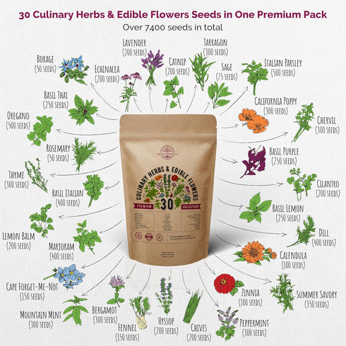 30 Pack- 7400+ Organo Republic Culinary Herbs & Edible Flower Seeds Variety Indoor/Outdoor. Non-GMO Heirloom Flower
