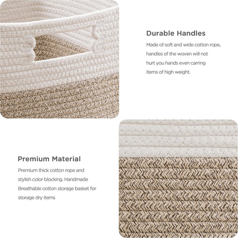 UBBCARE Cotton Rope Storage Basket Set of 4, 11 x 10.5 x 10.5 In, Woven Organizing Bins with Handles, White/Brown