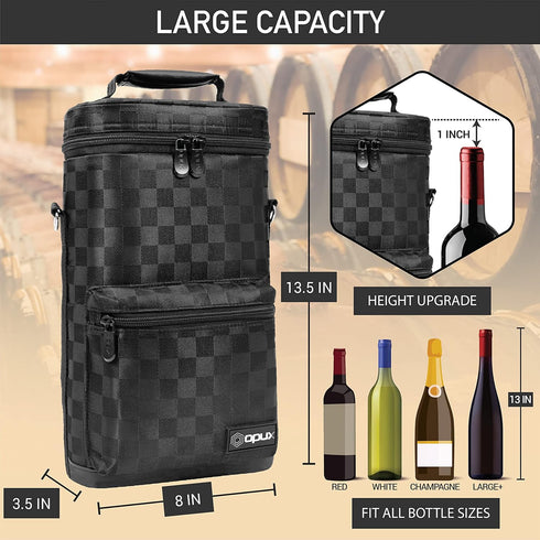 opux 2 Bottle Wine Tote Carrier, Insulated Leakproof Cooler Bag for Travel, Picnic, Black