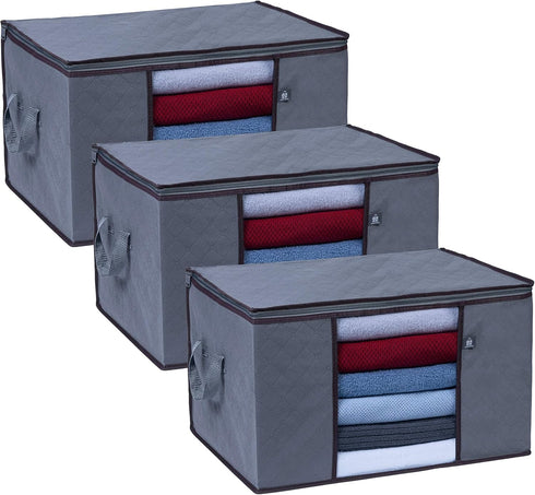 VENO 3 Pack Extra Large Clothes Storage Bag Organizer, Thick Fabric for Comforters, Foldable with Sturdy Zipper, Grey