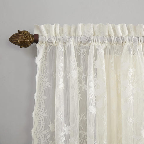 No. 918 Alison Floral Lace Sheer Rod Pocket Kitchen Curtain Tier Pair, 58" x 36", Ivory Color