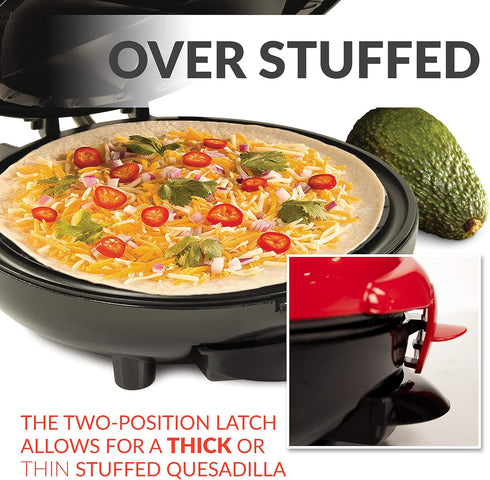 Taco Tuesday Deluxe Electric Quesadilla Maker, 8-Inch 6-Wedge Design with Extra Stuffing Latch, Red
