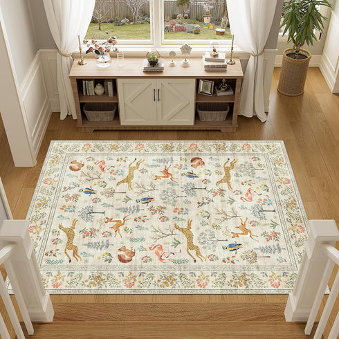 3x5 DUKINO Rug, Washable Animal Area Rug with Non Slip Vintage Design, Indoor Soft Low Pile Carpet for Bedroom