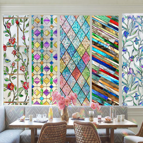 Windimiley 3D Rose Stained Glass Window Privacy Film, Non Adhesive Flower Window Tint for Bathroom (16.9 x 39.4 in)