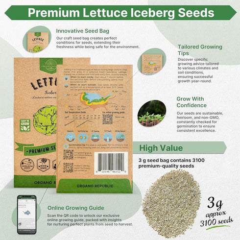Pack 3G 3,100 Packet, Lettuce Iceberg Seeds - Over Non-GMO Heirloom Lettuce Seeds for Planting Greens in Individual