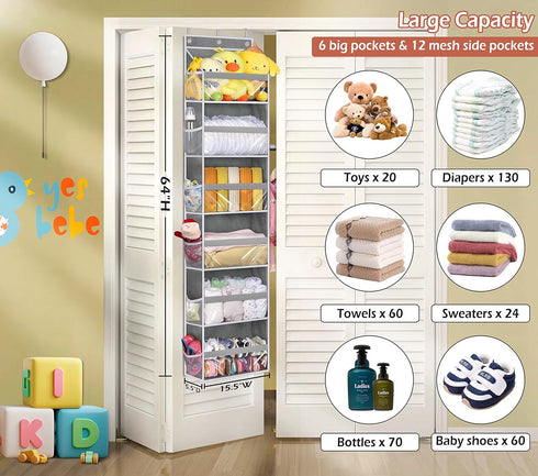 MISSLO Over the Door Organizer - Hanging Storage with 6 Large Pockets, 12 Side Pockets for Baby, Bathroom, Toys