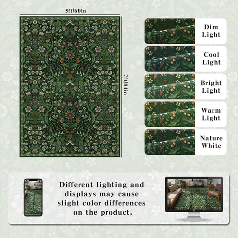 57 Dark Green Washable Floral Area Rug,Vintage Boho Soft Low-Pile Living Room Rugs, Stain Resistant Botanical Non-Slip
