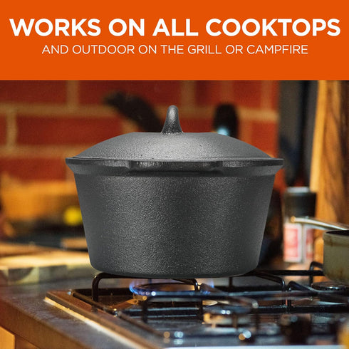 COMMERCIAL CHEF 2 Quart Cast Iron Saucepan, Dutch Oven with Lid and Looped Handle for Indoor & Outdoor Cooking