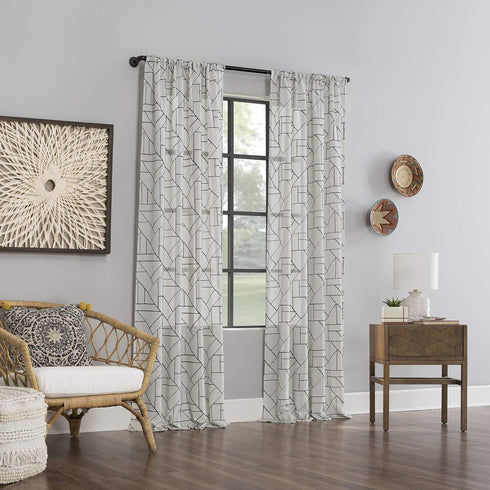 Archaeo Mid-Century Modern Fragmented Geometric Embroidery Curtain, Natural Linen Blend, 50" x 63", Black/Linen