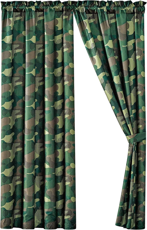 WPM Kids Collection 4 Piece Military Green Curtain Set with 2 Panels and Tiebacks, Boys Army Green Desert Camouflage