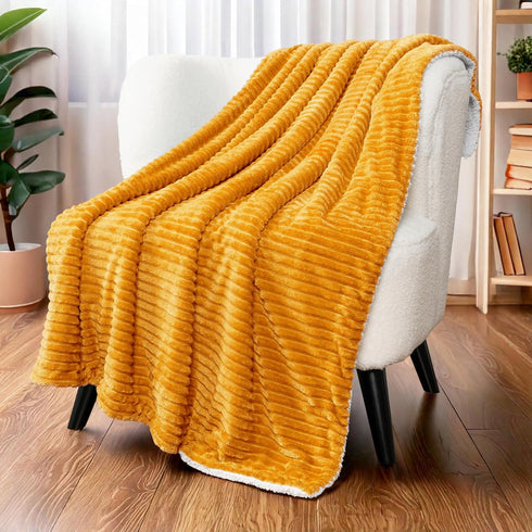3D 50x60 inches PAVILIA Mustard Yellow Sherpa Fleece Throw Blanket for Couch, Soft Plush Fuzzy Blankets, Fluffy Flannel