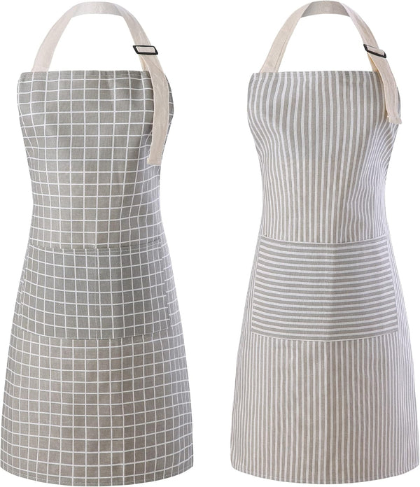 Tosewever 2 Pieces Kitchen Cooking Aprons, Waterproof Linen Adjustable Bib Aprons with 2 Pockets for Women Men Chef