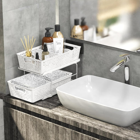 Simple Houseware 2 Tier Bathroom Organizer Tray, Pull-Out Sliding Drawer/Under-Sink Storage, White