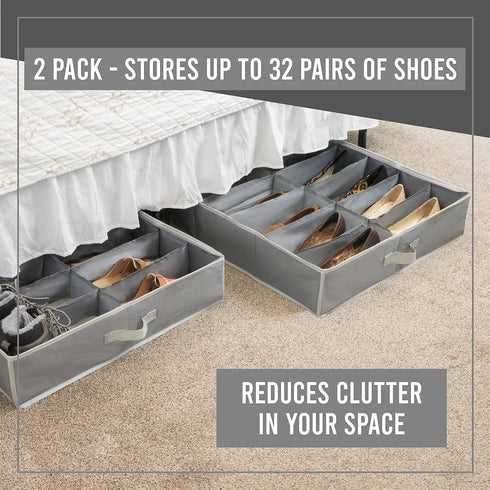 HOLDN' STORAGE Under Bed Shoe Organizer - Set of 2, Grey, Tear-Resistant Material, Holds Up to 32 Pairs