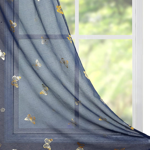 Jubilantex Navy Blue Butterfly Sheer Curtains with Gold Print Pattern, 63 Inch Long, 2 Panels for Kids Nursery Bedroom