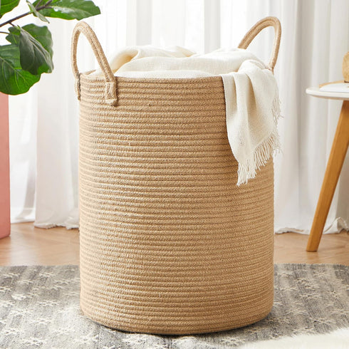 60L 15Dx20H Inches Jute Woven Laundry Hamper Basket Wicker Rope Clothes Hamper Tall Rattan Blanket Basket in Living