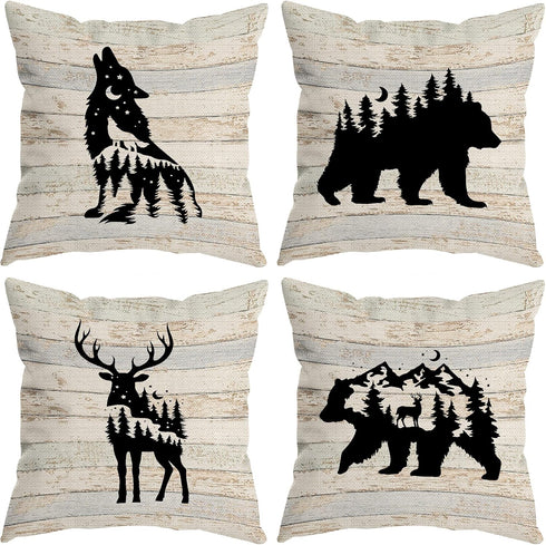 Woodland Wild Animal Throw Pillow Covers - Wolf Elk Bear Deer Camping Decor Set of 4 for Wildlife Lovers