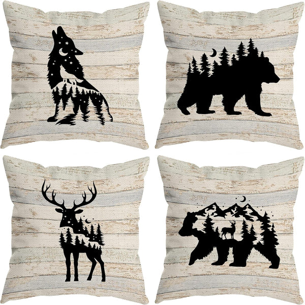 Woodland Wild Animal Throw Pillow Covers - Wolf Elk Bear Deer Camping Decor Set of 4 for Wildlife Lovers