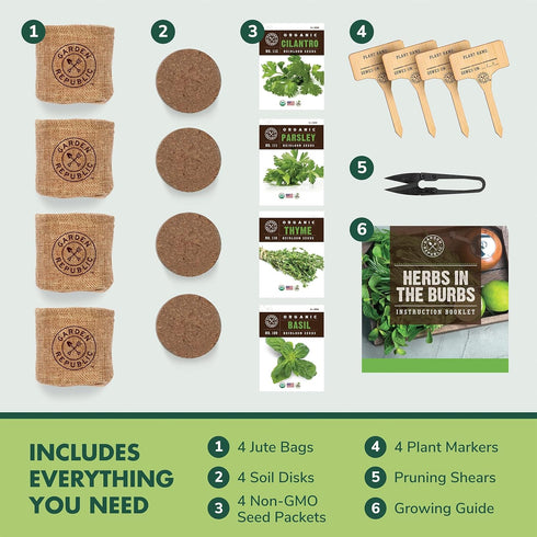 Indoor Herb Garden Starter Kit - Heirloom, Non-GMO Herb Seeds - Basil Thyme Parsley Cilantro Seed, Potting Soil, Pots