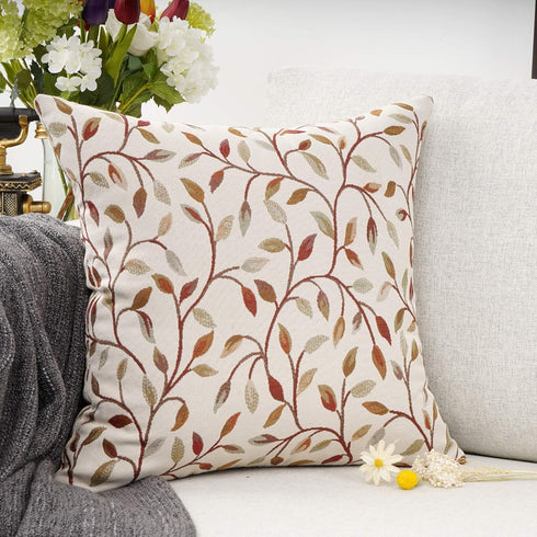 YOUR SMILE Classical Embroidery Jacquard Decorative Throw Pillow Case, Beige Leaf Pattern, 18 x 18 inch