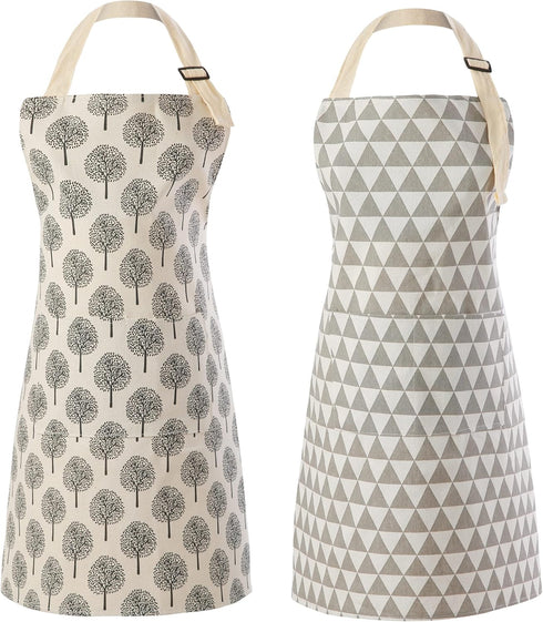 Tosewever 2 Pieces Cotton Linen Waterproof Bib Apron, Unisex Cooking Kitchen Aprons with 2 Pockets (Triangle/Tree, 2)