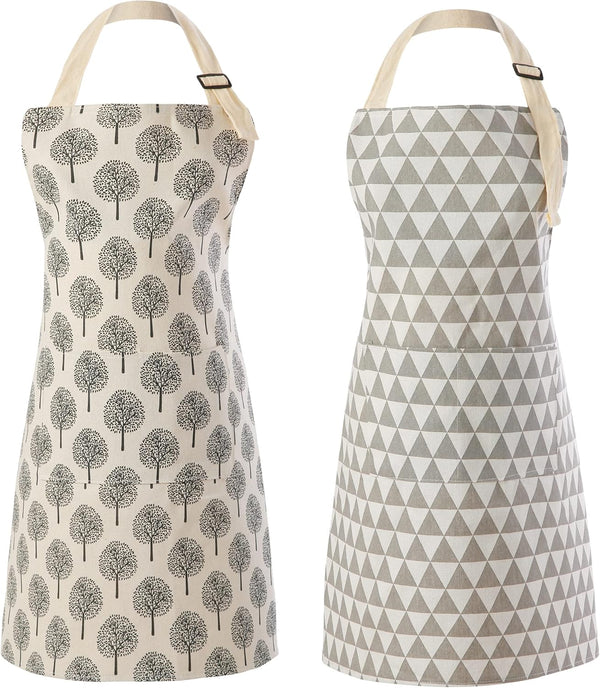 Tosewever 2 Pieces Cotton Linen Waterproof Bib Apron, Unisex Cooking Kitchen Aprons with 2 Pockets (Triangle/Tree, 2)