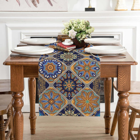 Winotic 90 Inches 13 90) Boho Bohemian Table Runner Long, Vintage Seasonal Blue Table Runners for Party Kitchen Dining